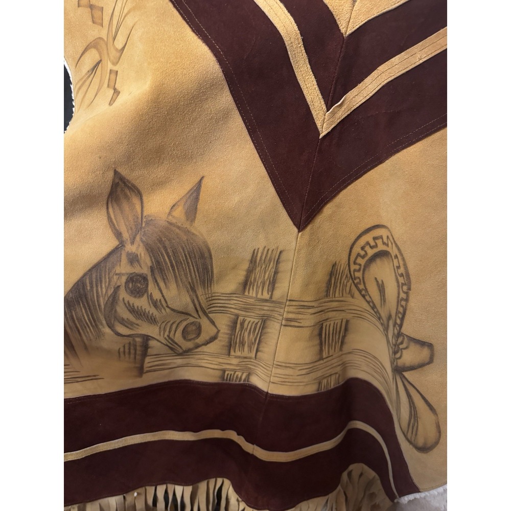Vtg Western Cowboy Cowgirl Suede Poncho Serape Cape Rodeo Horses Fringe Mexico - Picture 11 of 12